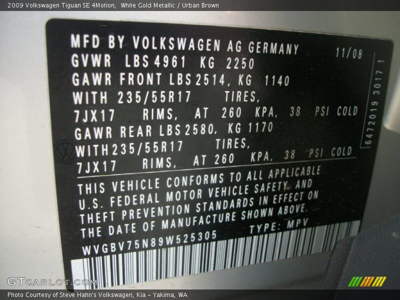 White Gold Metallic / Urban Brown 2009 Volkswagen Tiguan SE 4Motion