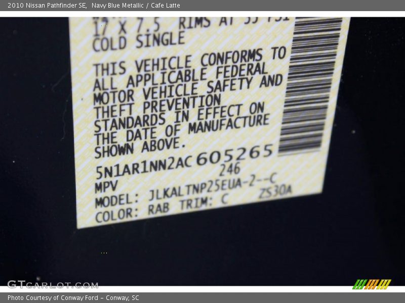 Navy Blue Metallic / Cafe Latte 2010 Nissan Pathfinder SE