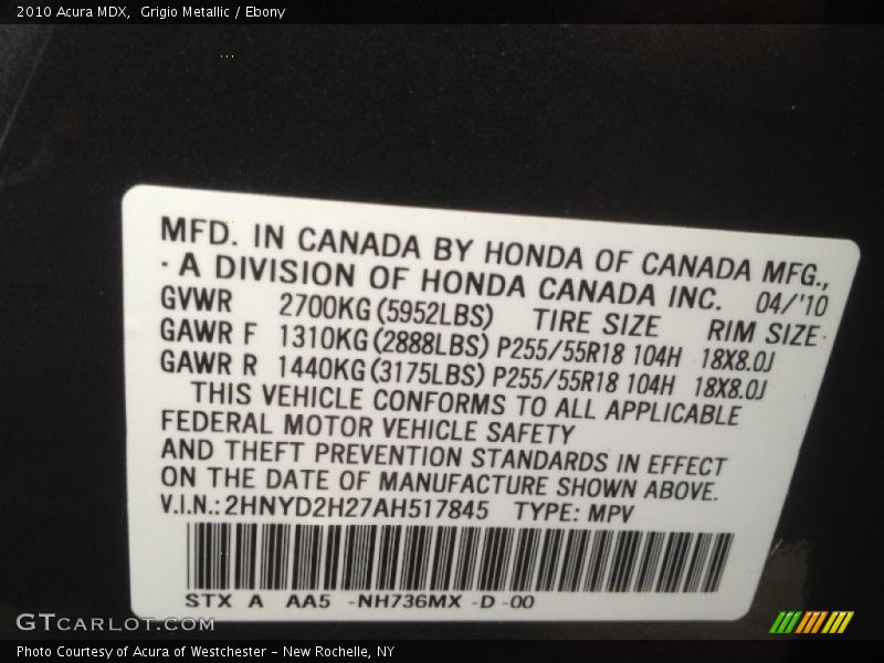 2010 MDX  Grigio Metallic Color Code NH736MX
