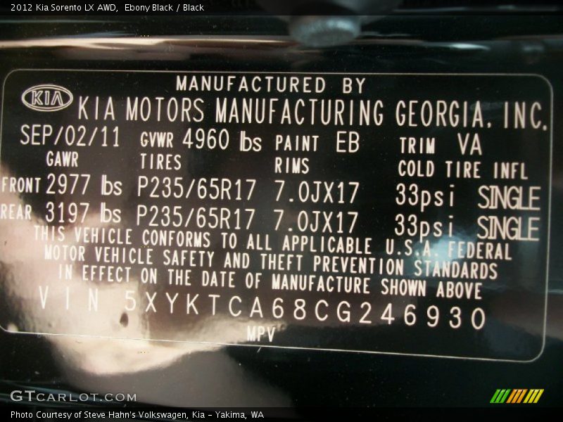 2012 Sorento LX AWD Ebony Black Color Code EB