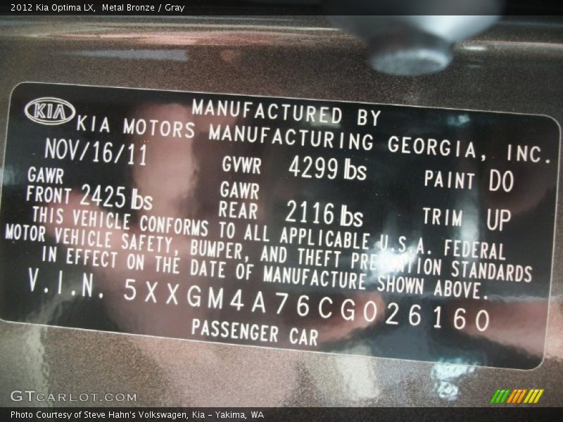 Metal Bronze / Gray 2012 Kia Optima LX
