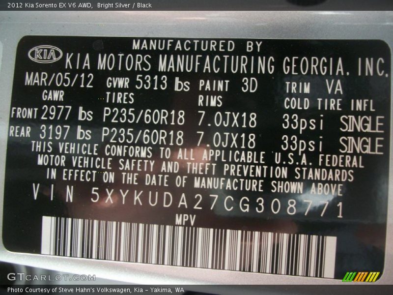 2012 Sorento EX V6 AWD Bright Silver Color Code 3D