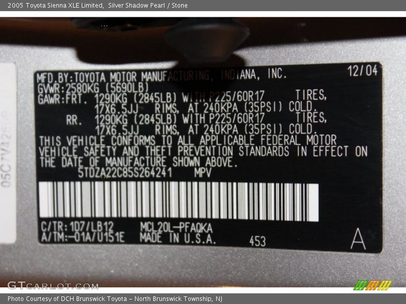 2005 Sienna XLE Limited Silver Shadow Pearl Color Code 1D7