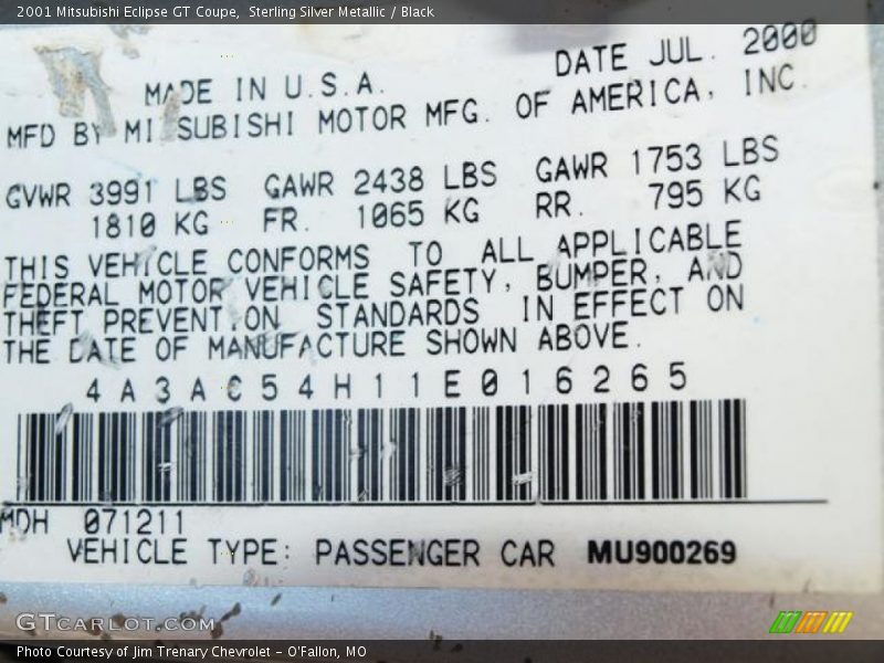 Sterling Silver Metallic / Black 2001 Mitsubishi Eclipse GT Coupe