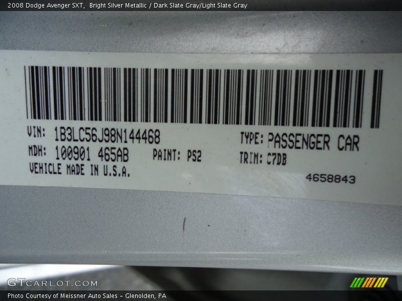 Bright Silver Metallic / Dark Slate Gray/Light Slate Gray 2008 Dodge Avenger SXT
