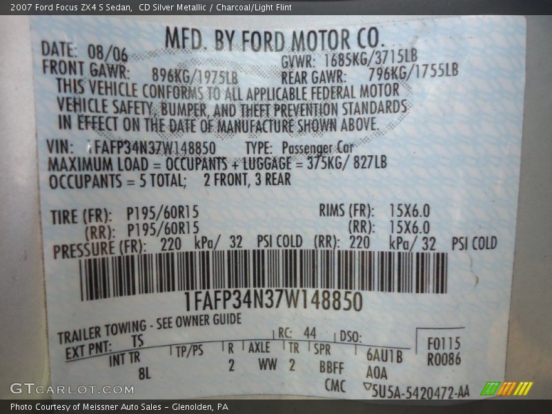 2007 Focus ZX4 S Sedan CD Silver Metallic Color Code TS