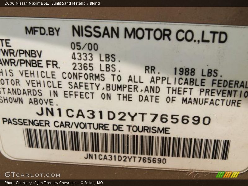 Sunlit Sand Metallic / Blond 2000 Nissan Maxima SE
