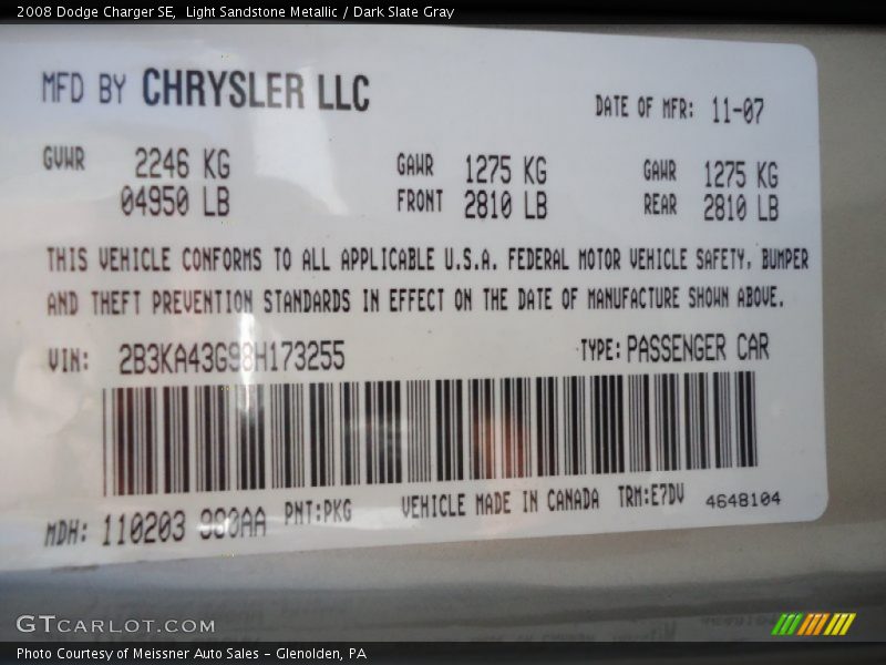 Light Sandstone Metallic / Dark Slate Gray 2008 Dodge Charger SE