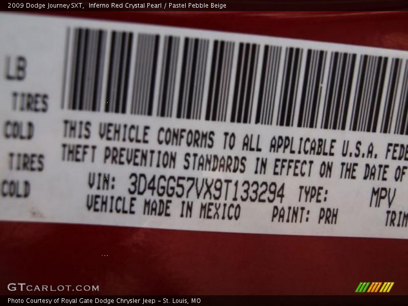 2009 Journey SXT Inferno Red Crystal Pearl Color Code PRH