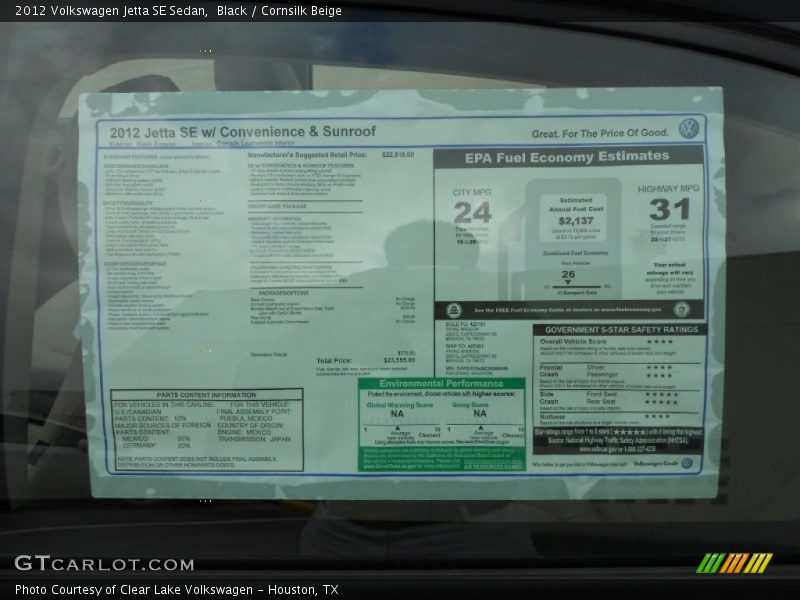 Black / Cornsilk Beige 2012 Volkswagen Jetta SE Sedan