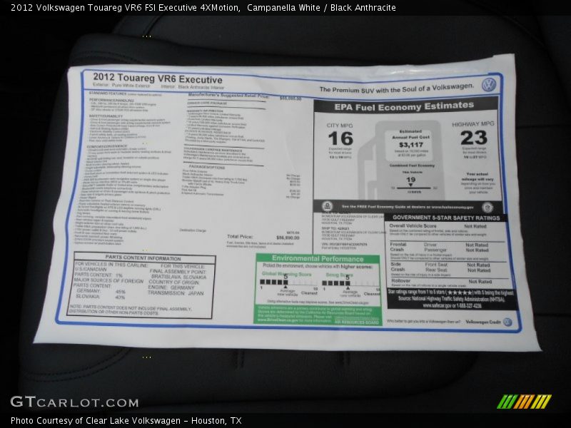  2012 Touareg VR6 FSI Executive 4XMotion Window Sticker