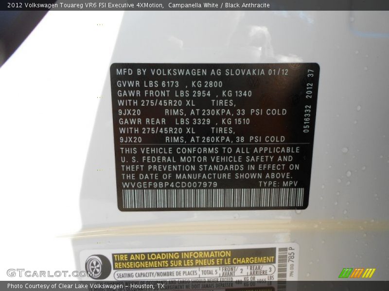 Campanella White / Black Anthracite 2012 Volkswagen Touareg VR6 FSI Executive 4XMotion