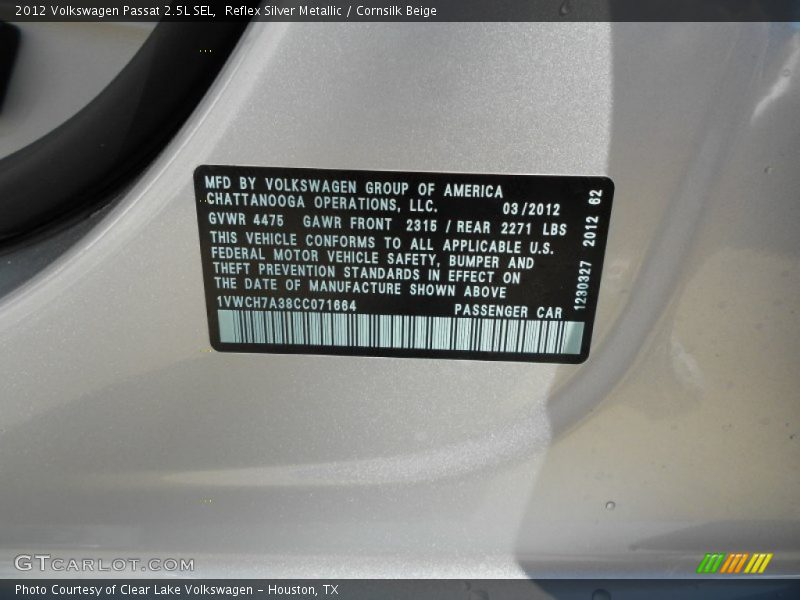 Reflex Silver Metallic / Cornsilk Beige 2012 Volkswagen Passat 2.5L SEL