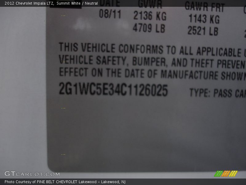 Summit White / Neutral 2012 Chevrolet Impala LTZ