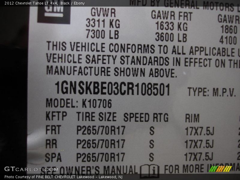 Black / Ebony 2012 Chevrolet Tahoe LT 4x4