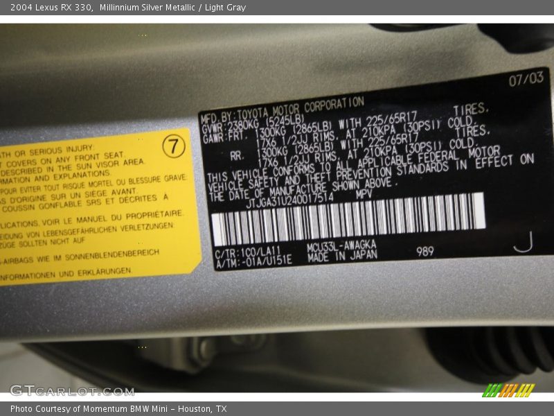 Millinnium Silver Metallic / Light Gray 2004 Lexus RX 330