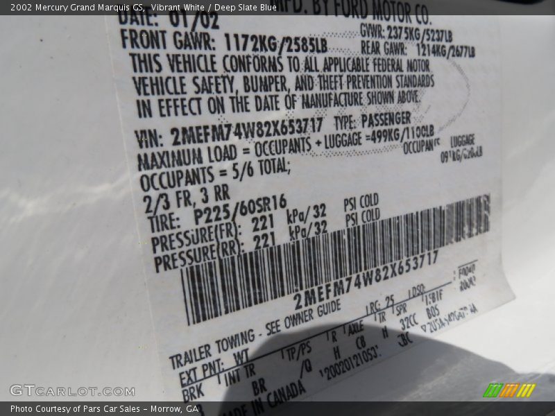 Vibrant White / Deep Slate Blue 2002 Mercury Grand Marquis GS