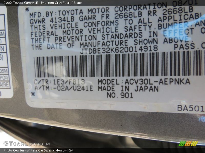Phantom Gray Pearl / Stone 2002 Toyota Camry LE