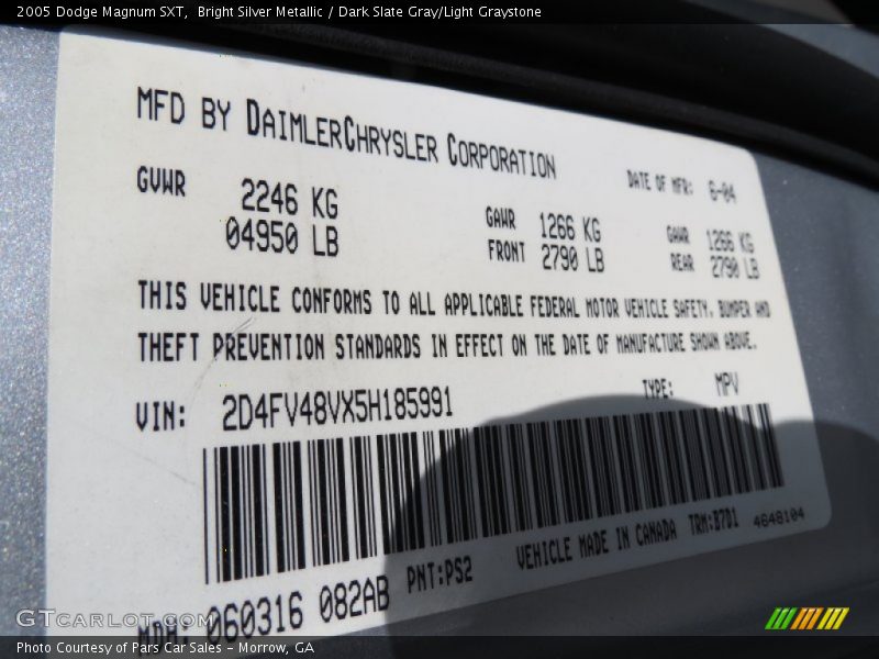 2005 Magnum SXT Bright Silver Metallic Color Code PS2