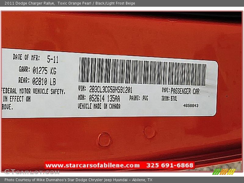 Toxic Orange Pearl / Black/Light Frost Beige 2011 Dodge Charger Rallye