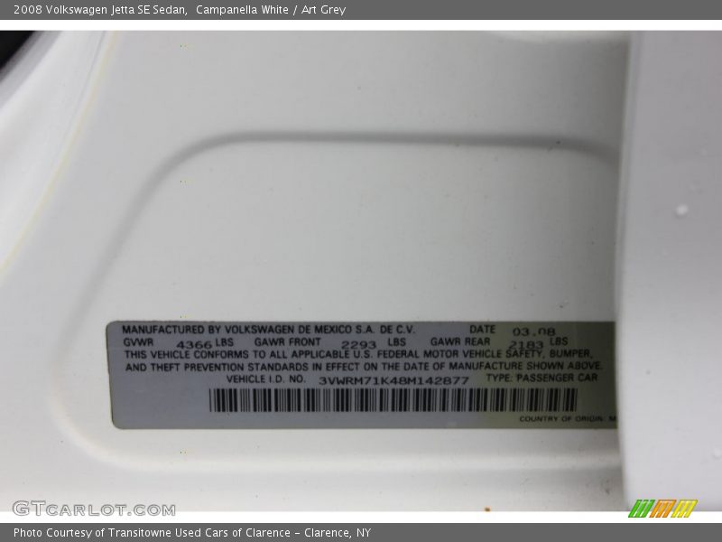 Campanella White / Art Grey 2008 Volkswagen Jetta SE Sedan