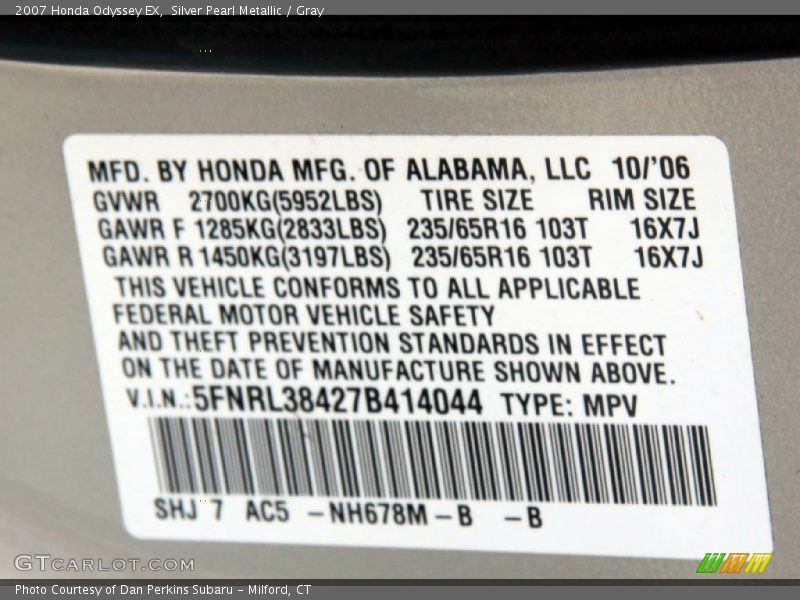 Silver Pearl Metallic / Gray 2007 Honda Odyssey EX