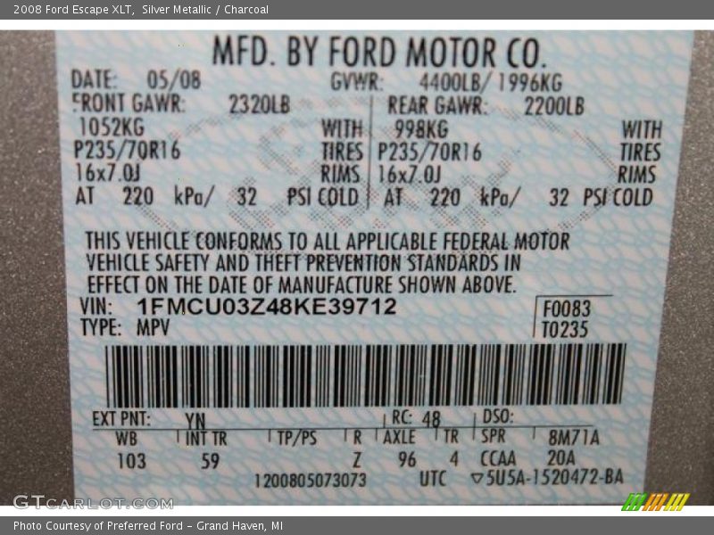 Silver Metallic / Charcoal 2008 Ford Escape XLT