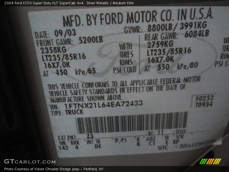 2004 F250 Super Duty XLT SuperCab 4x4 Silver Metallic Color Code Z3