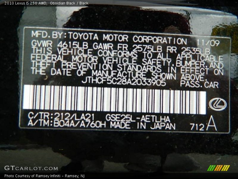 Obsidian Black / Black 2010 Lexus IS 250 AWD