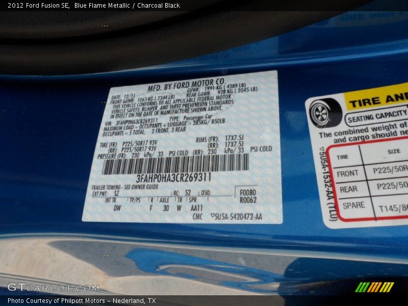 Blue Flame Metallic / Charcoal Black 2012 Ford Fusion SE