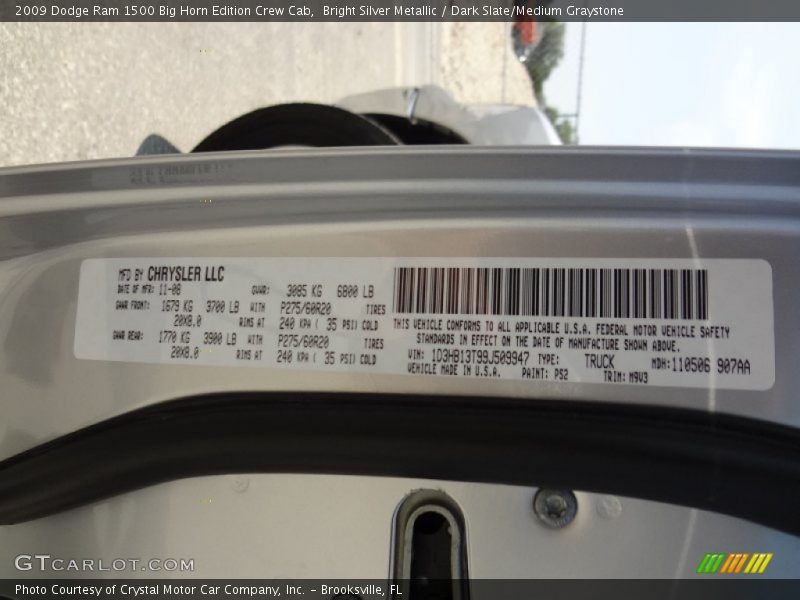 Bright Silver Metallic / Dark Slate/Medium Graystone 2009 Dodge Ram 1500 Big Horn Edition Crew Cab