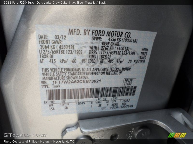 Ingot Silver Metallic / Black 2012 Ford F250 Super Duty Lariat Crew Cab