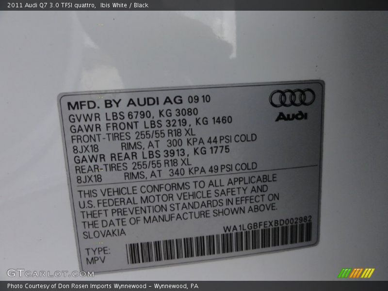 Info Tag of 2011 Q7 3.0 TFSI quattro