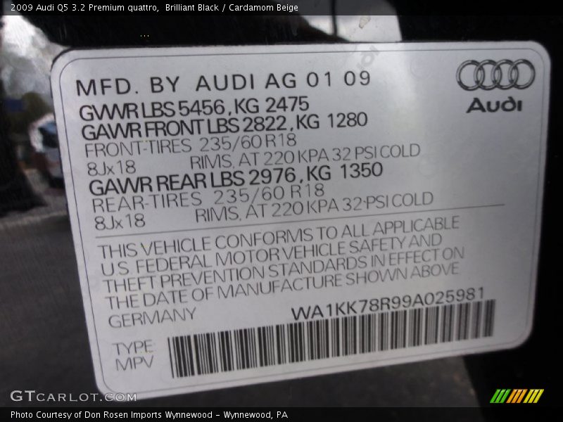 Brilliant Black / Cardamom Beige 2009 Audi Q5 3.2 Premium quattro