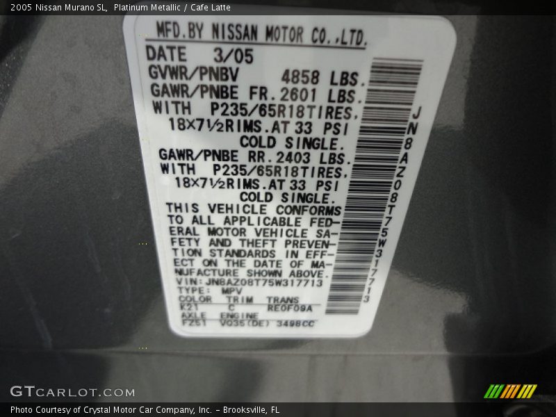 Platinum Metallic / Cafe Latte 2005 Nissan Murano SL