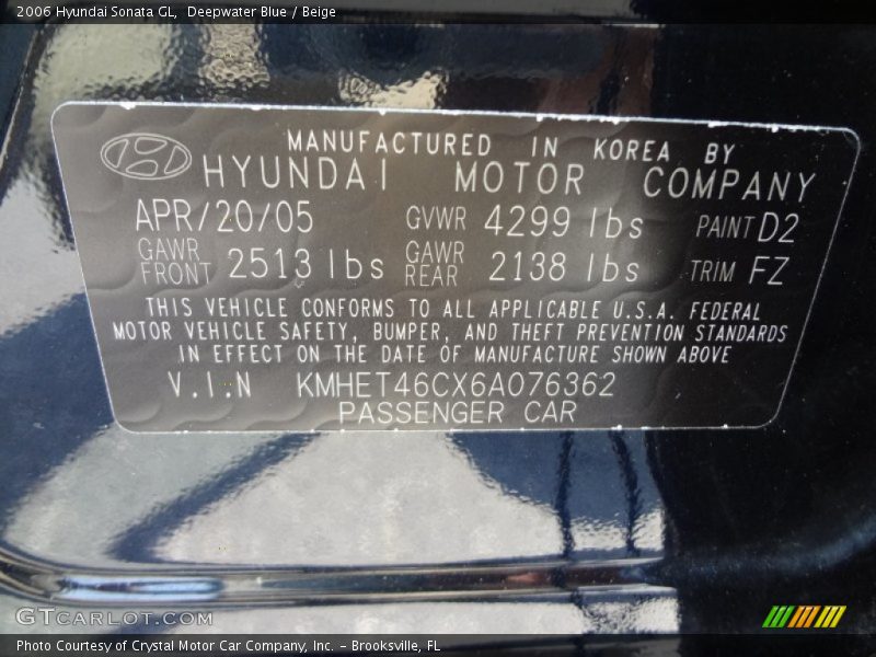 Deepwater Blue / Beige 2006 Hyundai Sonata GL