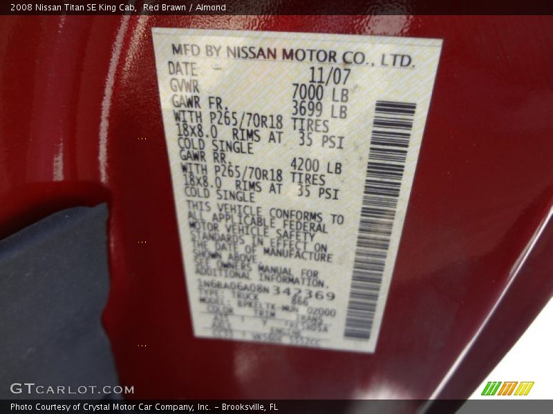 Red Brawn / Almond 2008 Nissan Titan SE King Cab