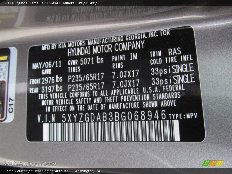 Mineral Gray / Gray 2011 Hyundai Santa Fe GLS AWD