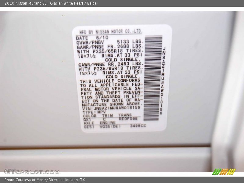 Glacier White Pearl / Beige 2010 Nissan Murano SL