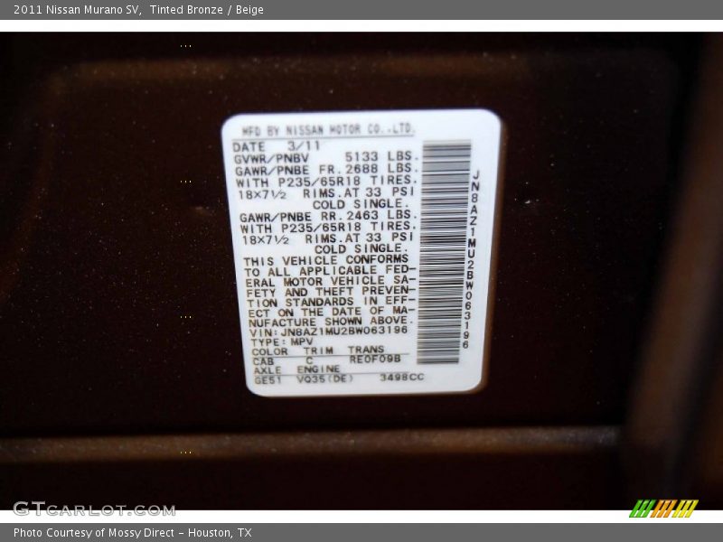 Tinted Bronze / Beige 2011 Nissan Murano SV