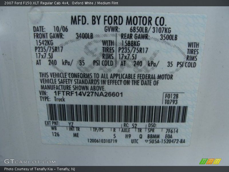 2007 F150 XLT Regular Cab 4x4 Oxford White Color Code YZ