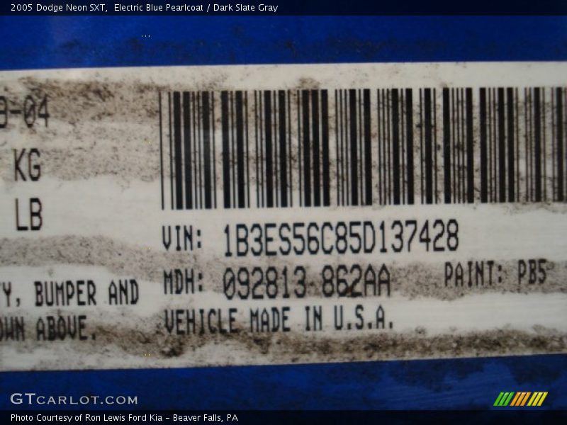 Electric Blue Pearlcoat / Dark Slate Gray 2005 Dodge Neon SXT