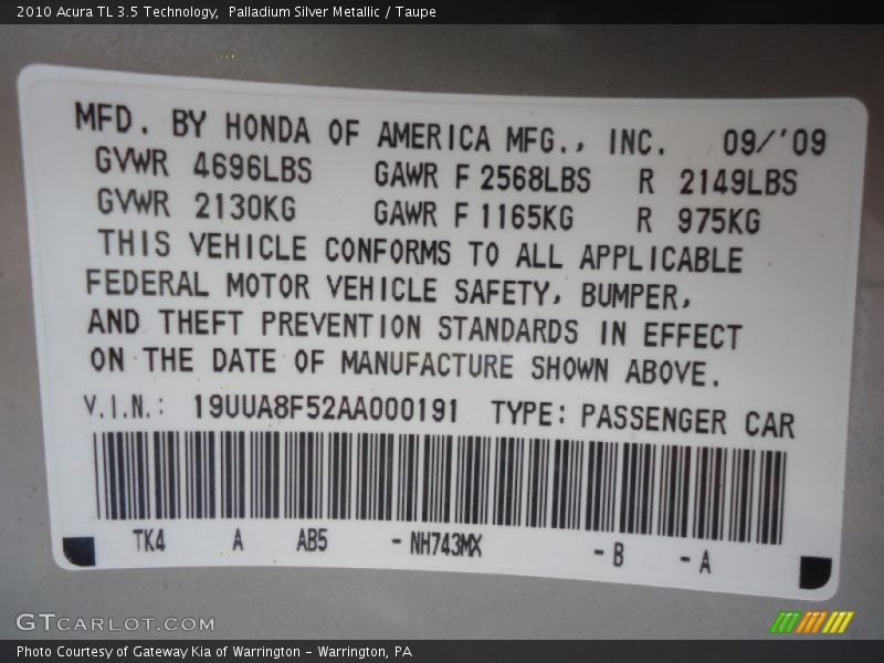 Palladium Silver Metallic / Taupe 2010 Acura TL 3.5 Technology