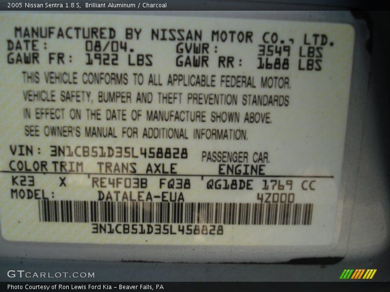 Brilliant Aluminum / Charcoal 2005 Nissan Sentra 1.8 S