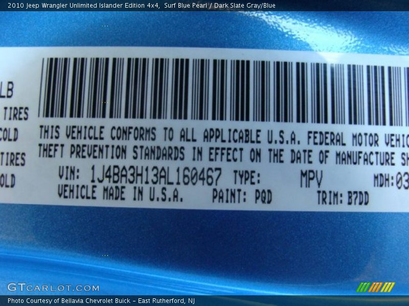 2010 Wrangler Unlimited Islander Edition 4x4 Surf Blue Pearl Color Code PQD