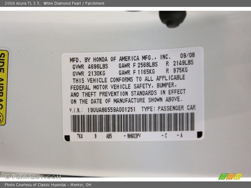 White Diamond Pearl / Parchment 2009 Acura TL 3.5