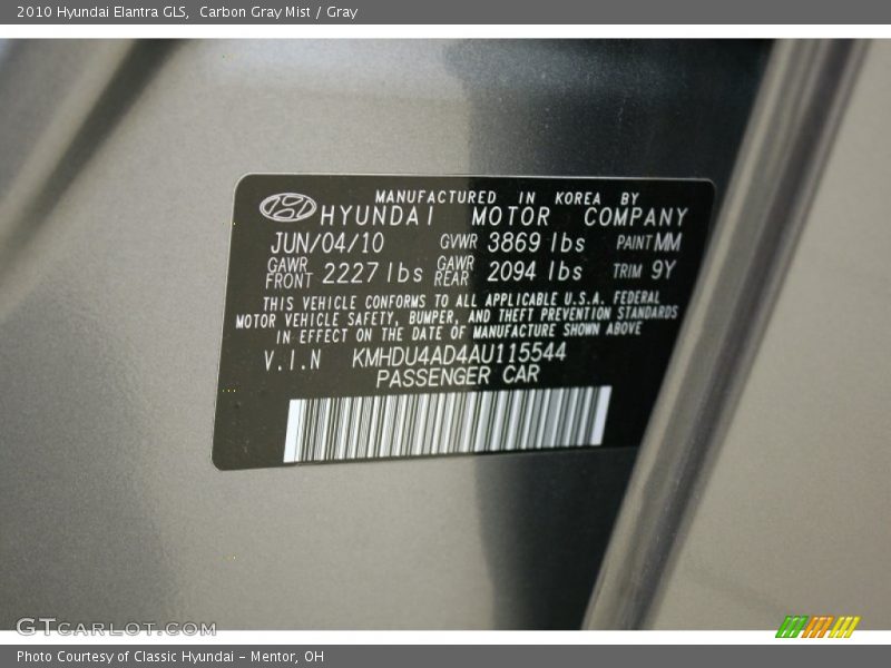 Carbon Gray Mist / Gray 2010 Hyundai Elantra GLS