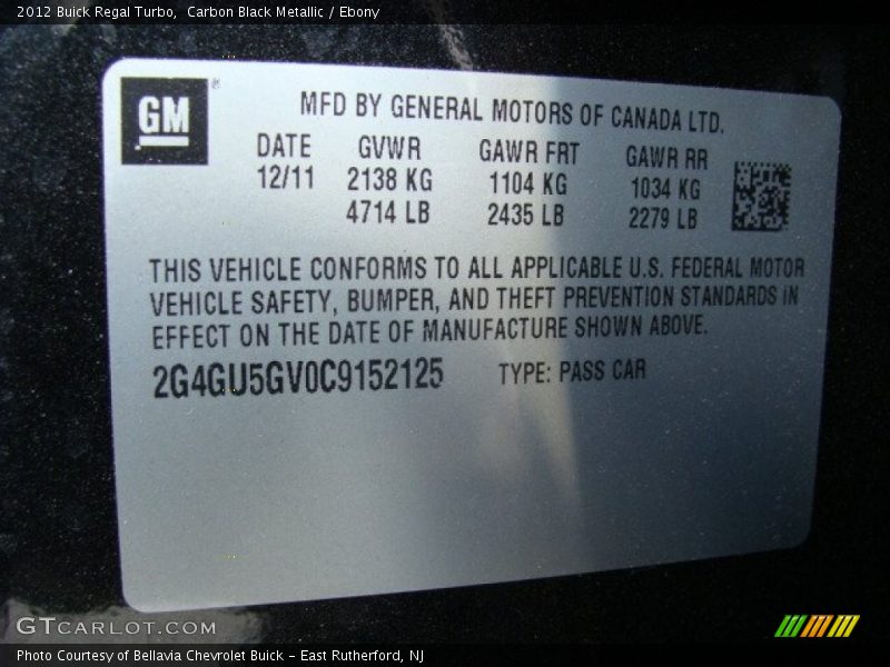 Carbon Black Metallic / Ebony 2012 Buick Regal Turbo