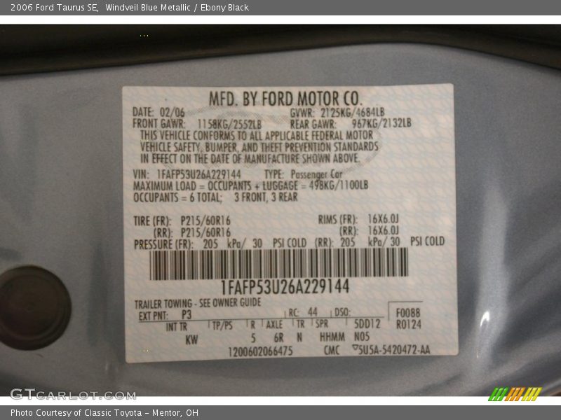 Windveil Blue Metallic / Ebony Black 2006 Ford Taurus SE