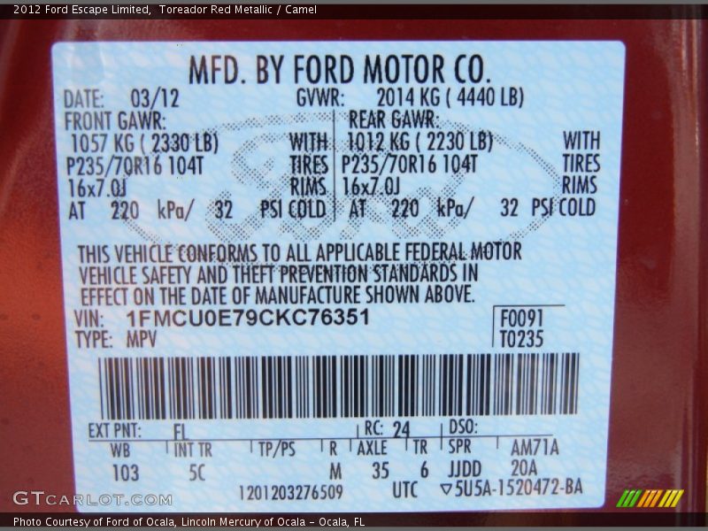 Toreador Red Metallic / Camel 2012 Ford Escape Limited